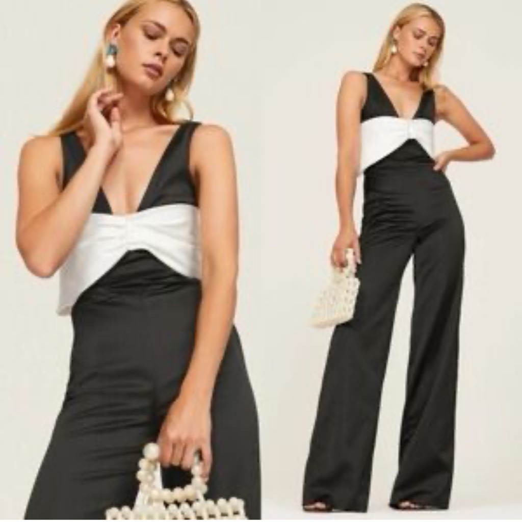 Alexis From Rtr Size Xl Black Sophisticated Wide Leg Jumpsuit With White Bow
